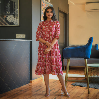 'Maroon Blossom' Mom and Daughter Cotton Tiered Midi Dresses