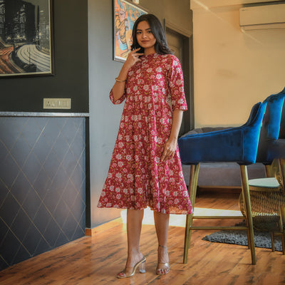 'Maroon Blossom' Mom and Daughter Cotton Tiered Midi Dresses