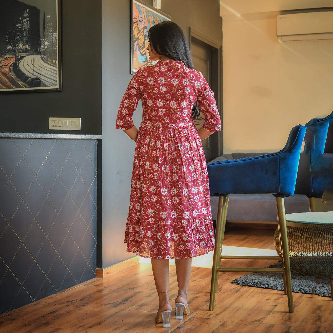 'Maroon Blossom' Mom and Daughter Cotton Tiered Midi Dresses