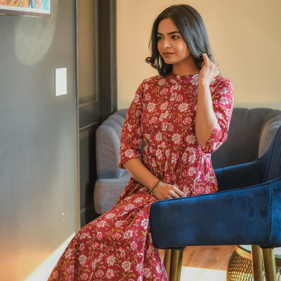 'Maroon Blossom' Mom and Daughter Cotton Tiered Midi Dresses