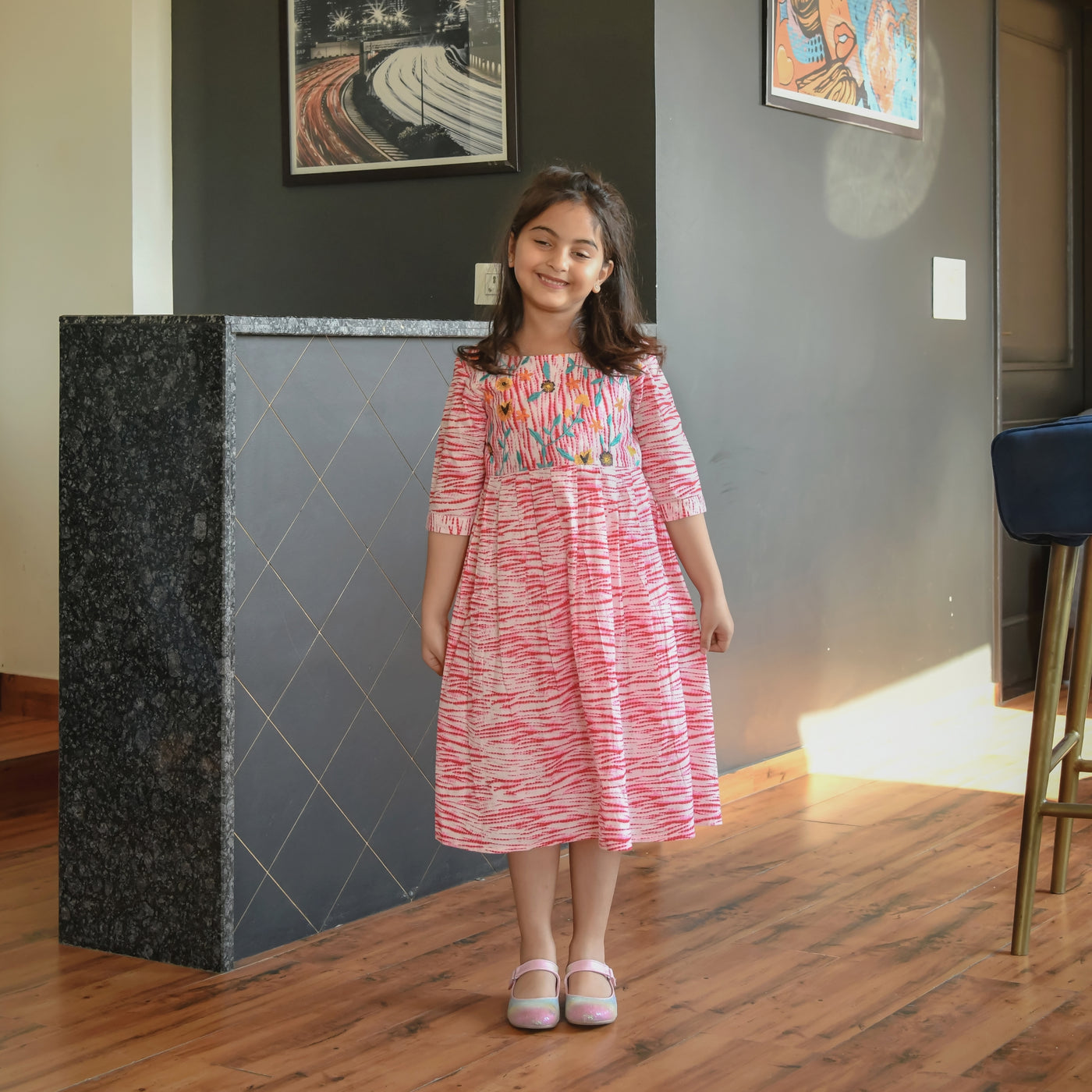 Shibori Pink Embroidered Cotton Girl's Dress