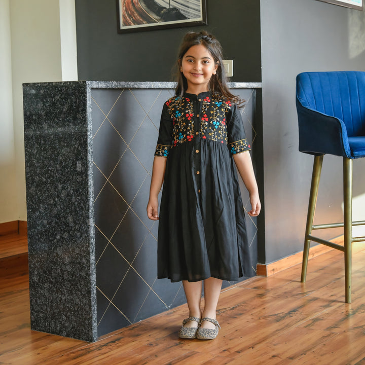Embroidered Button Down Black Girl's Dress