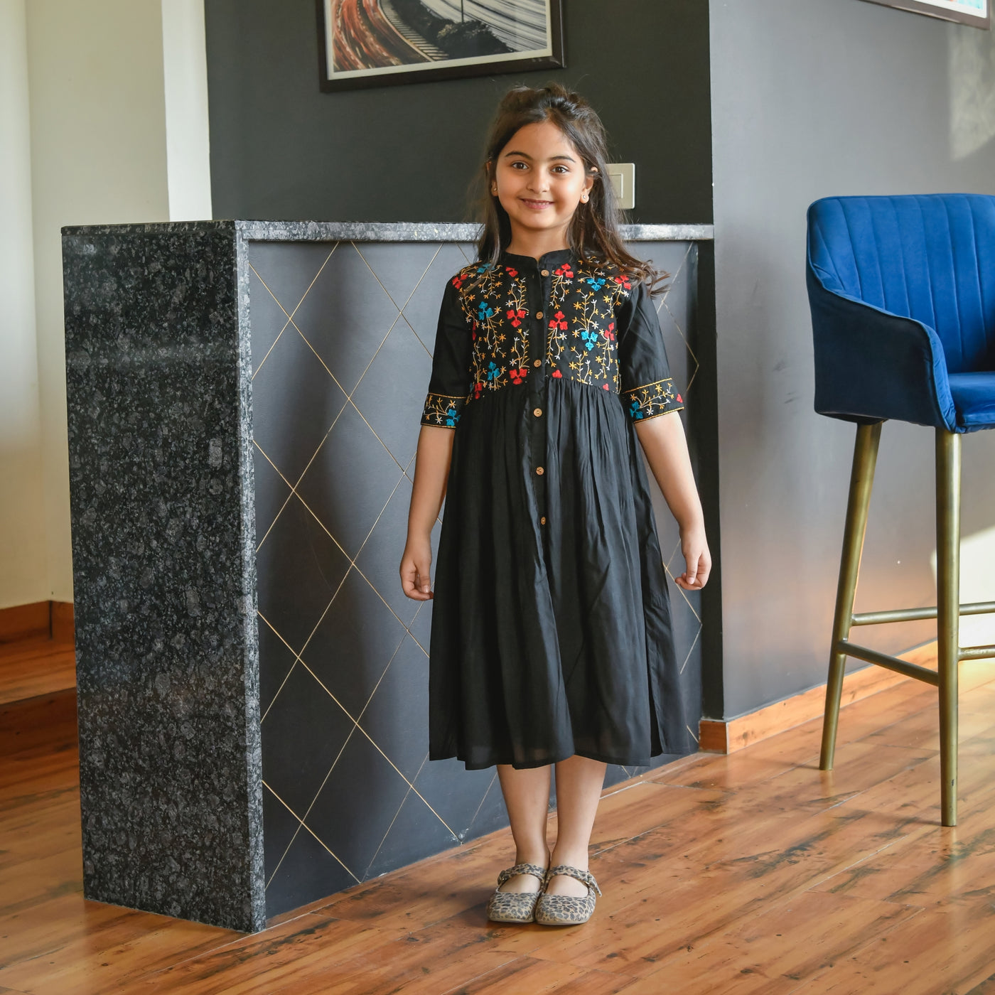 Embroidered Button Down Black Girl's Dress