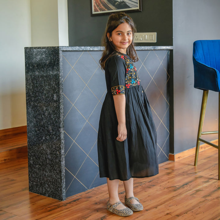 Embroidered Button Down Black Girl's Dress