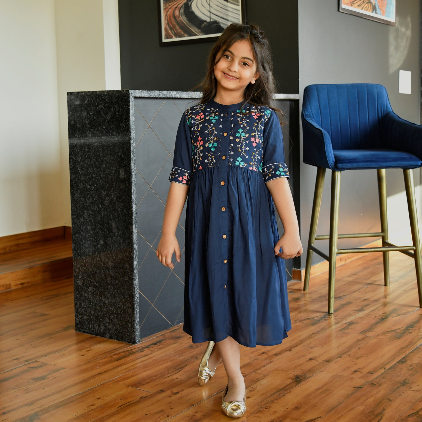 Embroidered Button Down Navy Blue Girl's Dress
