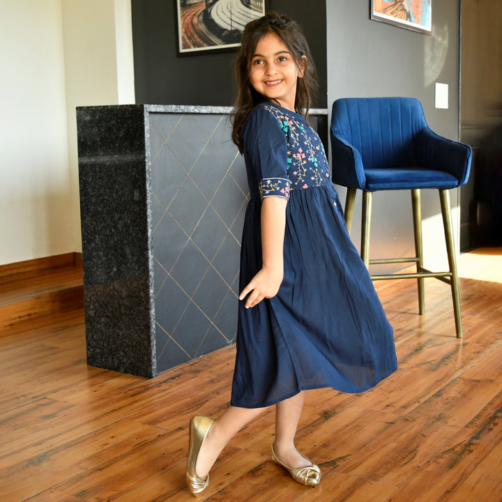Embroidered Button Down Navy Blue Girl's Dress
