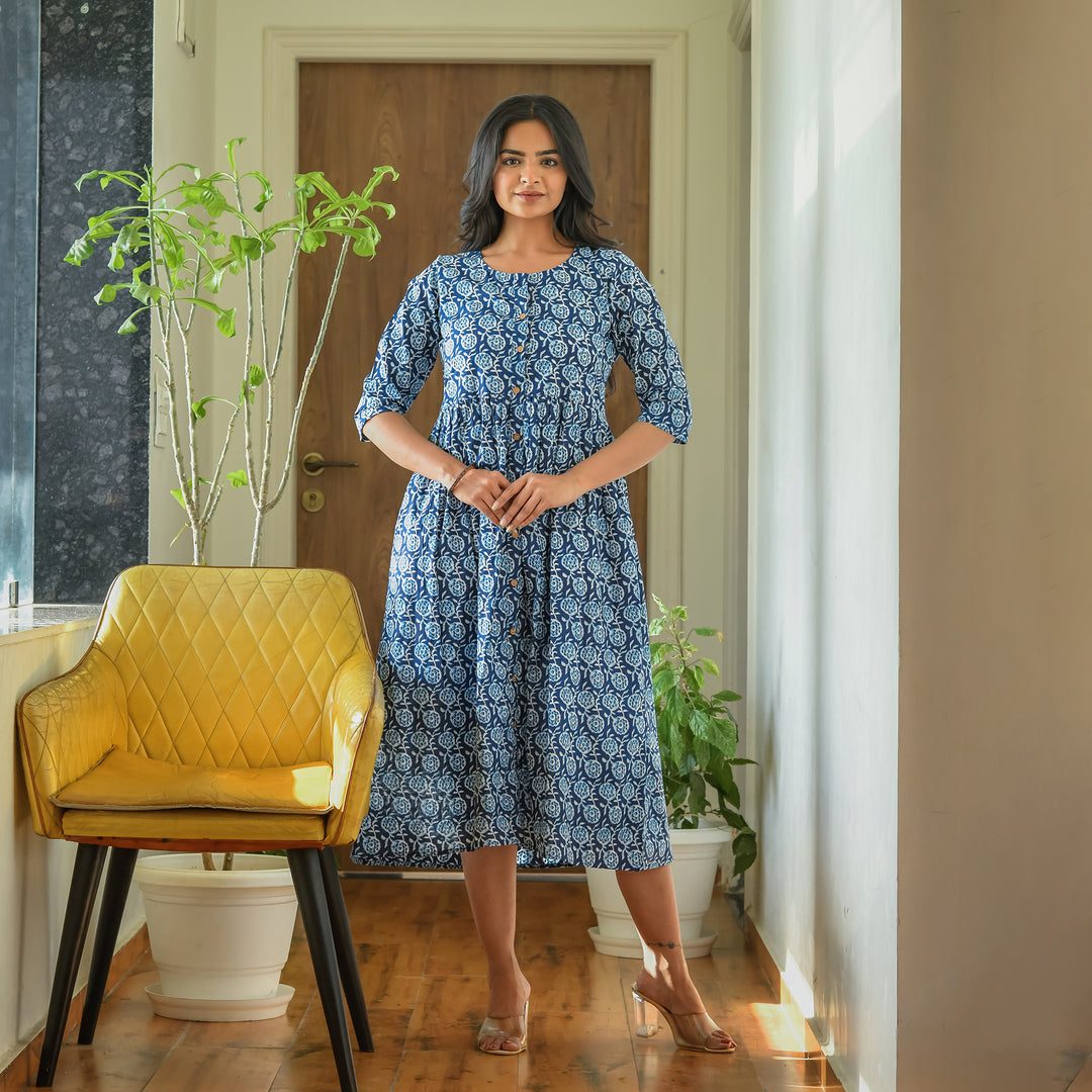 Indigo Floral Hand Block Print 3in1 Dress