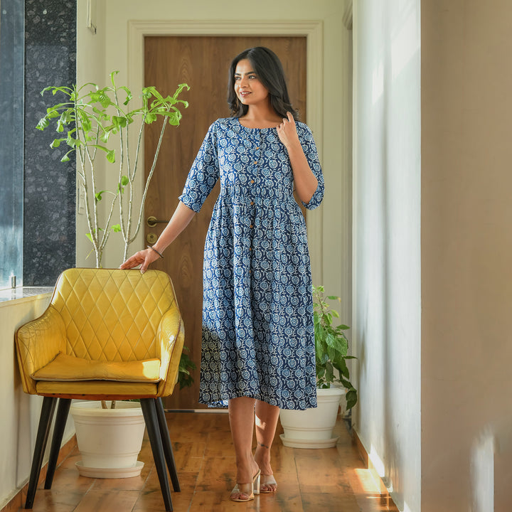 Indigo Floral Hand Block Print 3in1 Dress