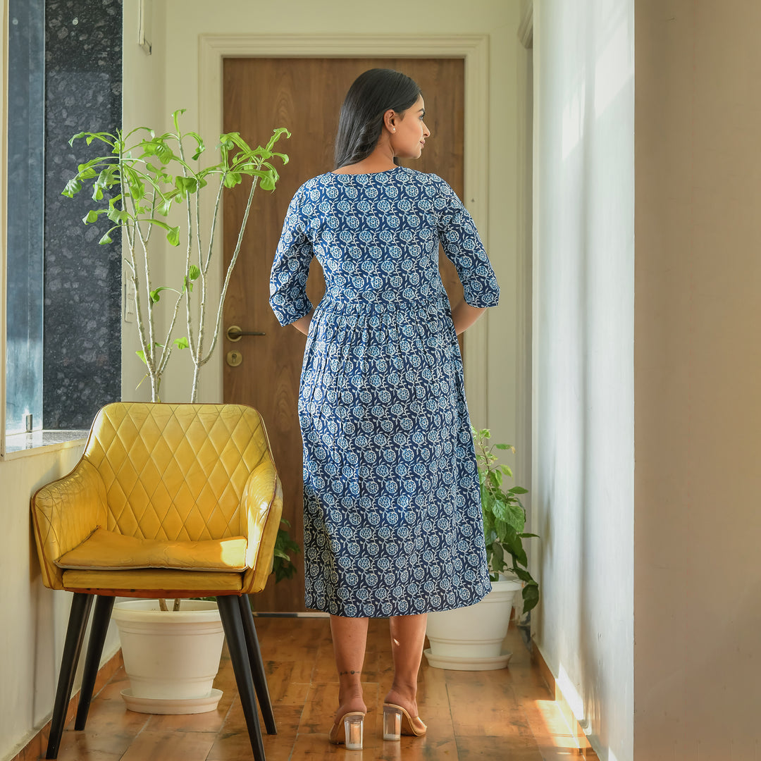 Indigo Floral Hand Block Print 3in1 Dress