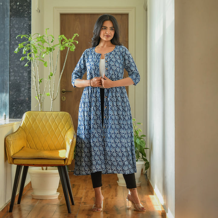 Indigo Floral Hand Block Print 3in1 Dress