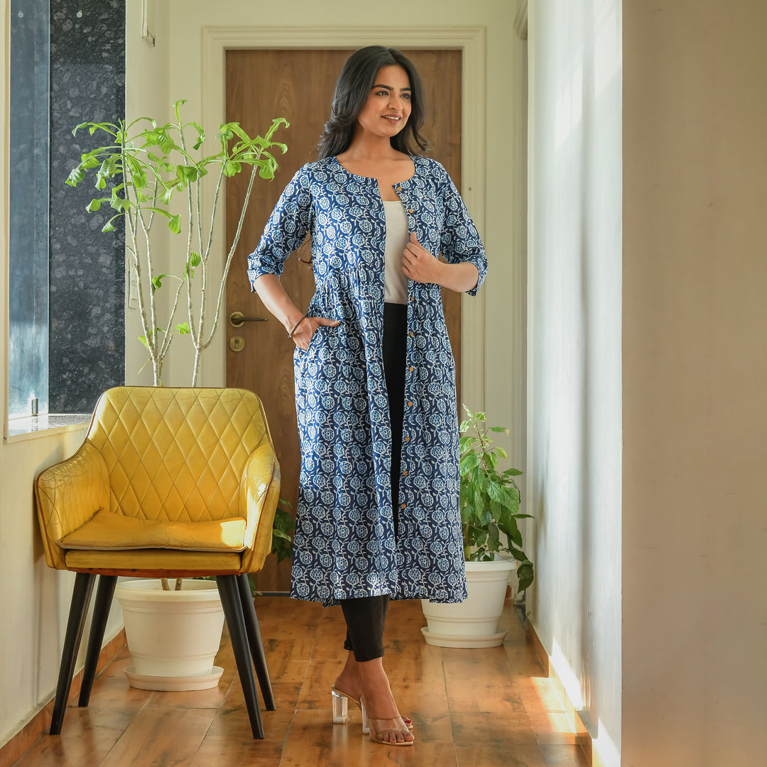 Indigo Floral Hand Block Print 3in1 Dress