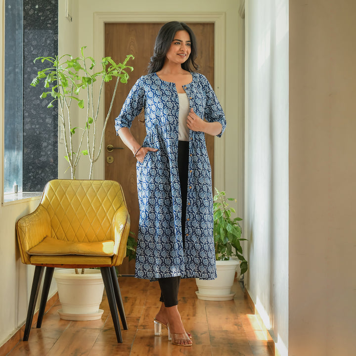 Indigo Floral Hand Block Print 3in1 Dress