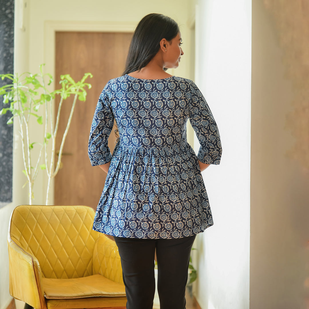 Indigo Floral Block Print Cotton Top