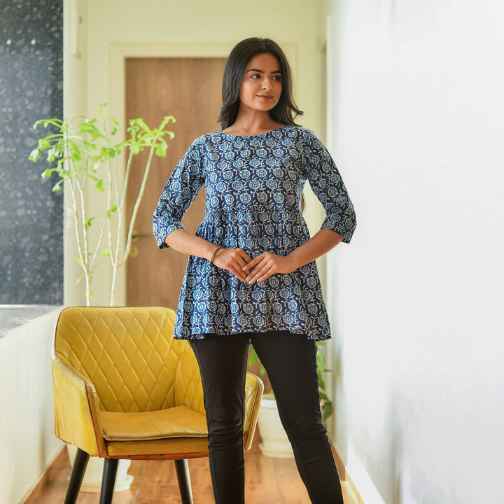 Indigo Floral Block Print Cotton Top