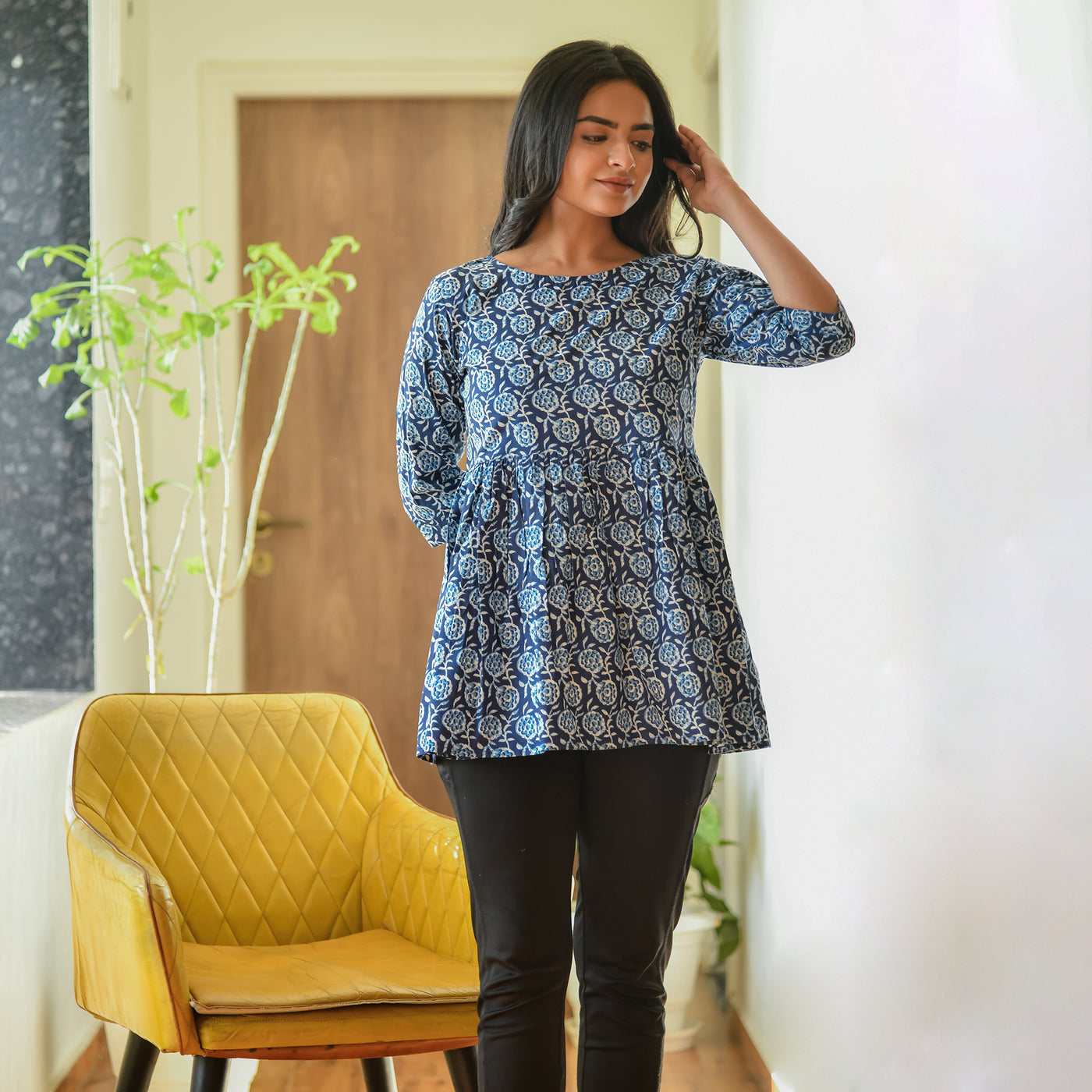 Indigo Floral Block Print Cotton Top