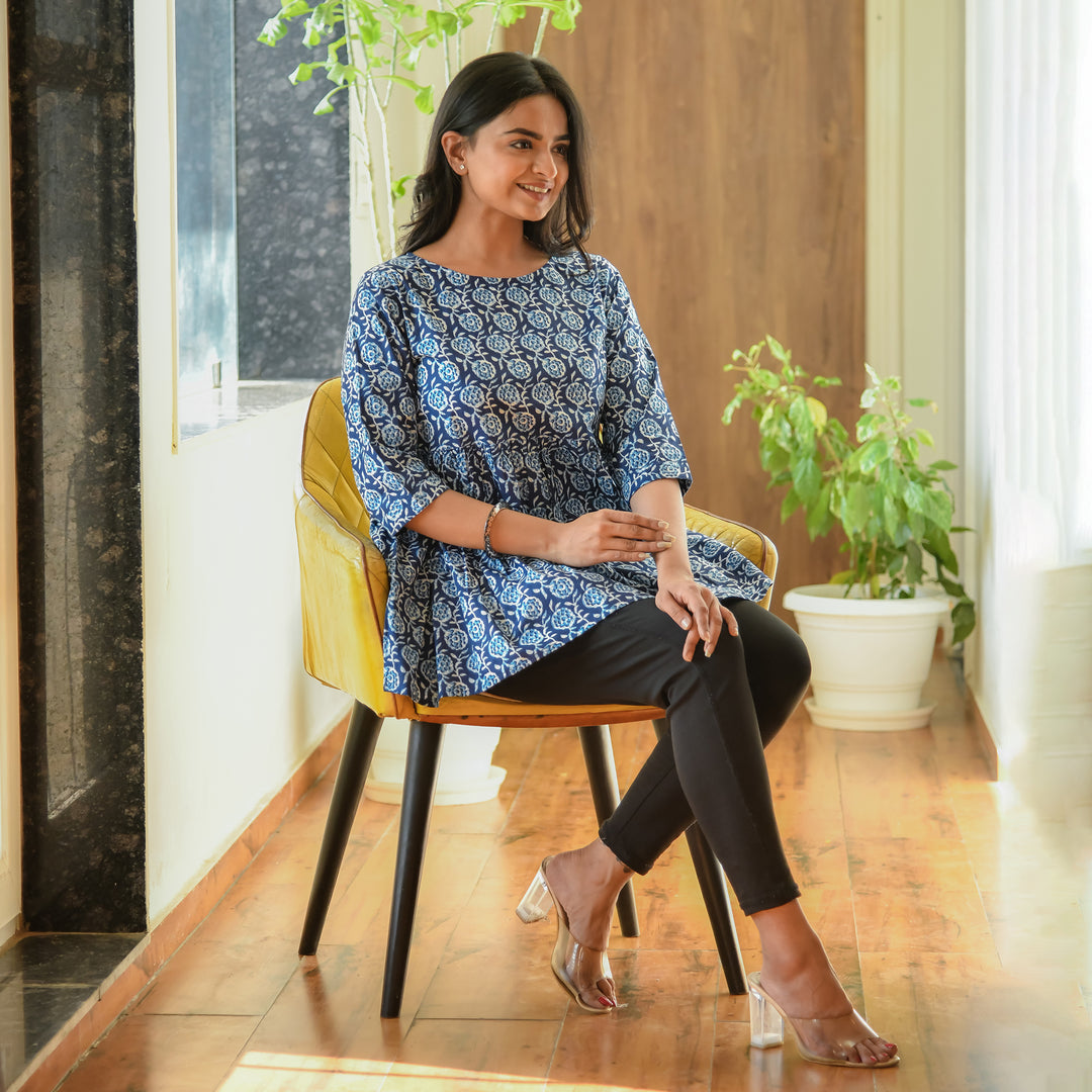 Indigo Floral Block Print Cotton Top