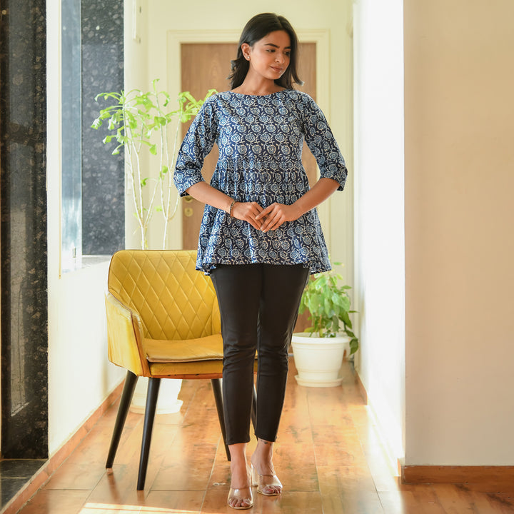 Indigo Floral Block Print Cotton Top