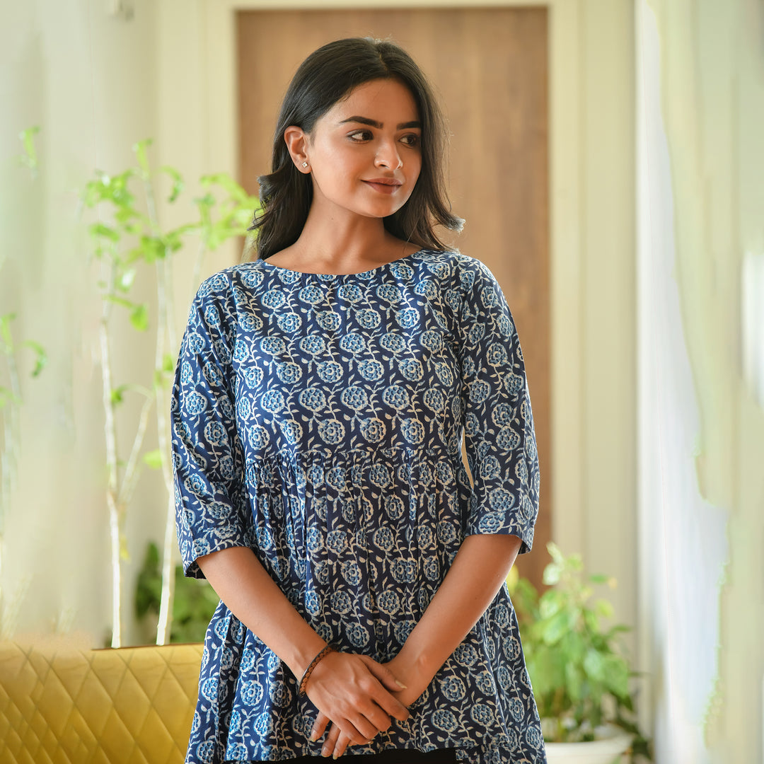Indigo Floral Block Print Cotton Top