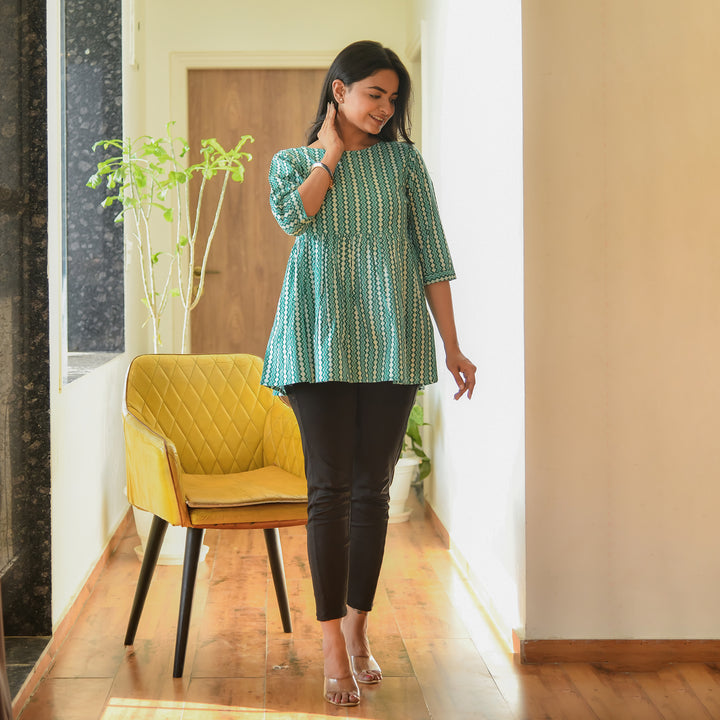 Dabu Green Zigzag Cotton Top