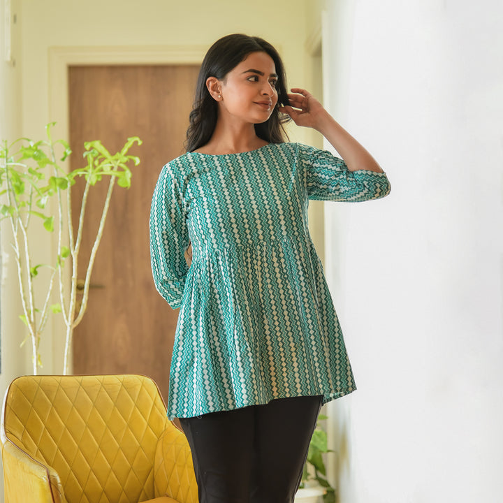Dabu Green Zigzag Cotton Top
