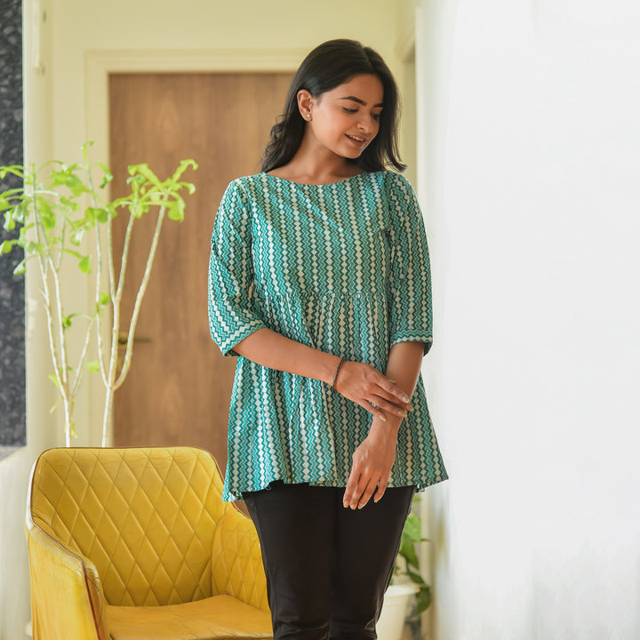 Dabu Green Zigzag Cotton Top