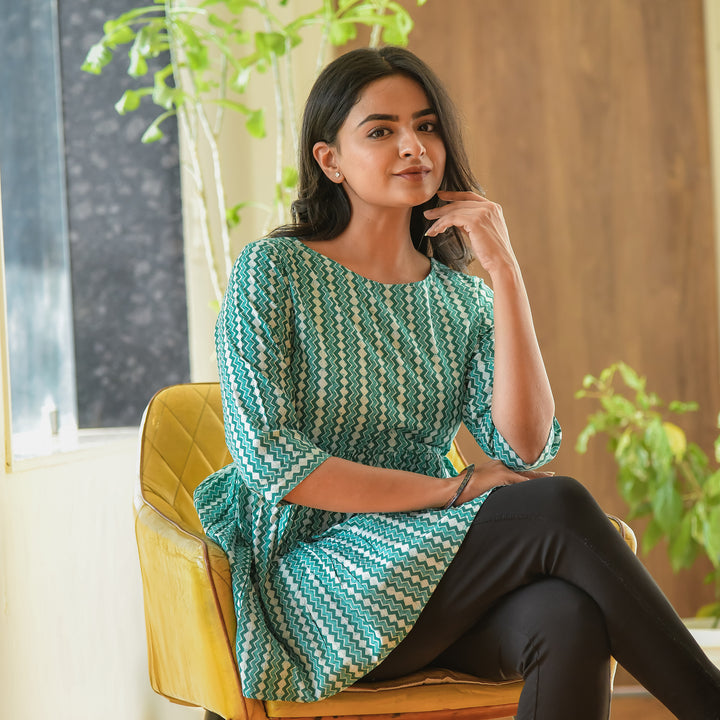 Dabu Green Zigzag Cotton Top