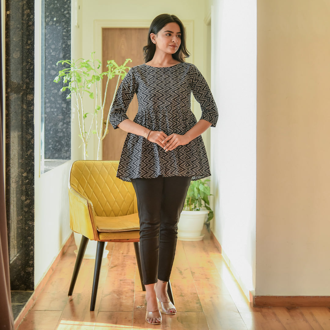 Black Zigzag Printed Cotton Top