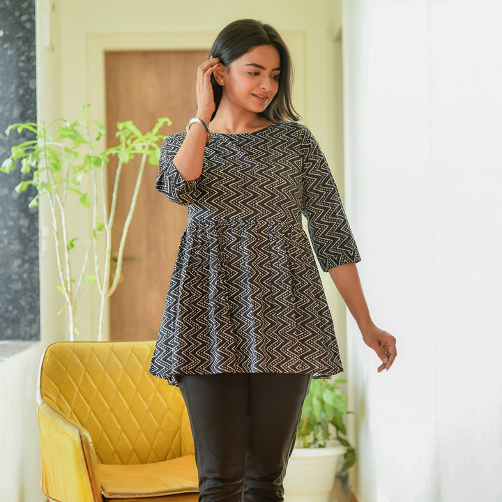 Black Zigzag Printed Cotton Top