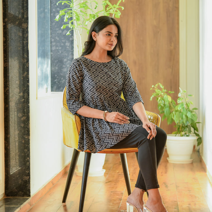 Black Zigzag Printed Cotton Top