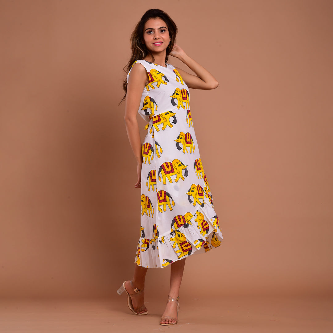 Yellow Elephant Frill Cotton Dress