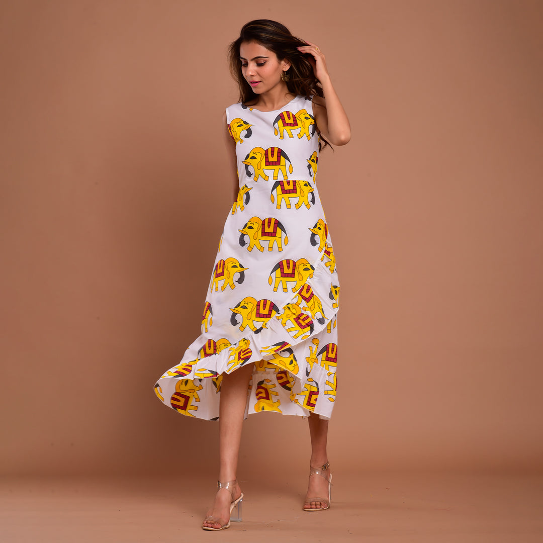 Yellow Elephant Frill Cotton Dress