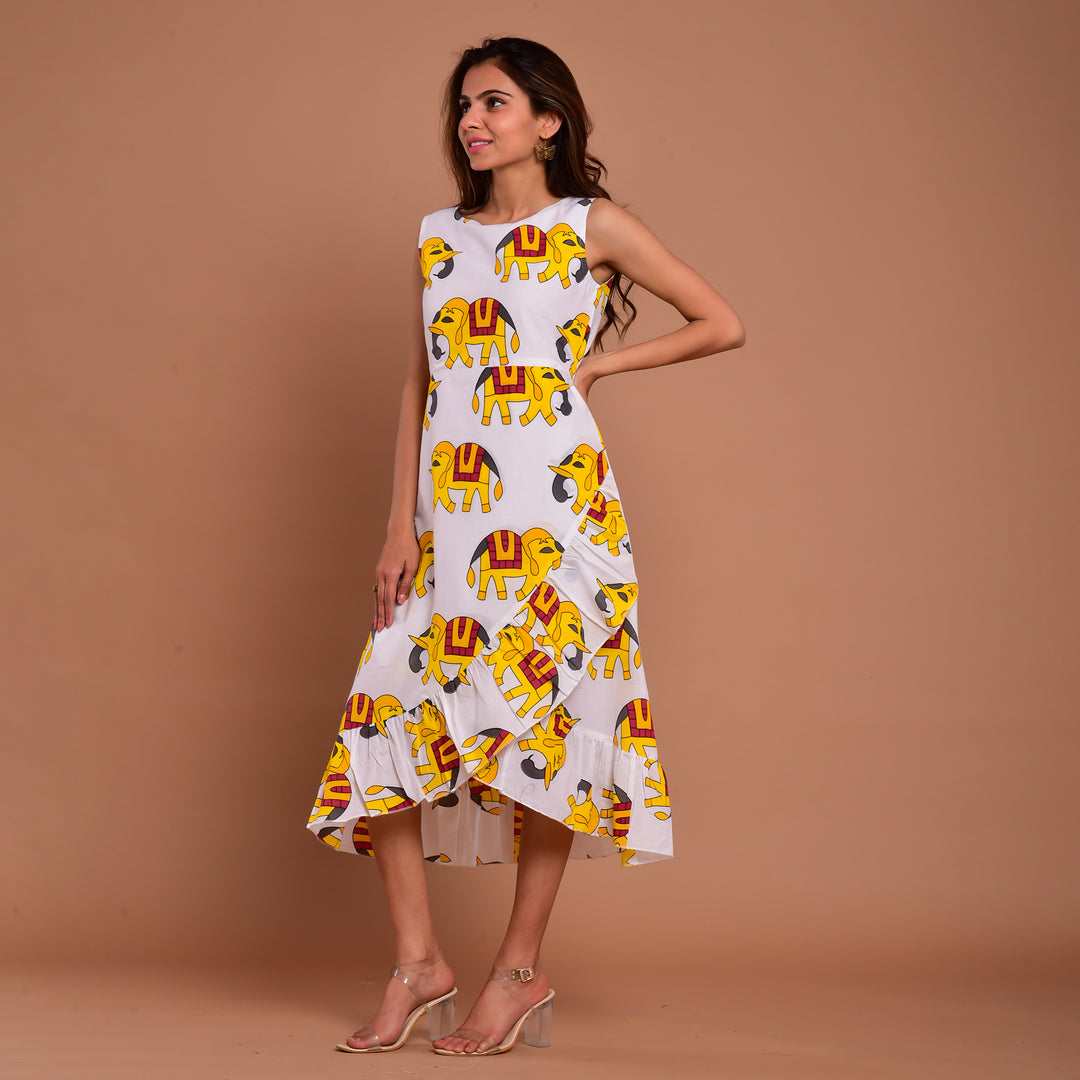 Yellow Elephant Frill Cotton Dress