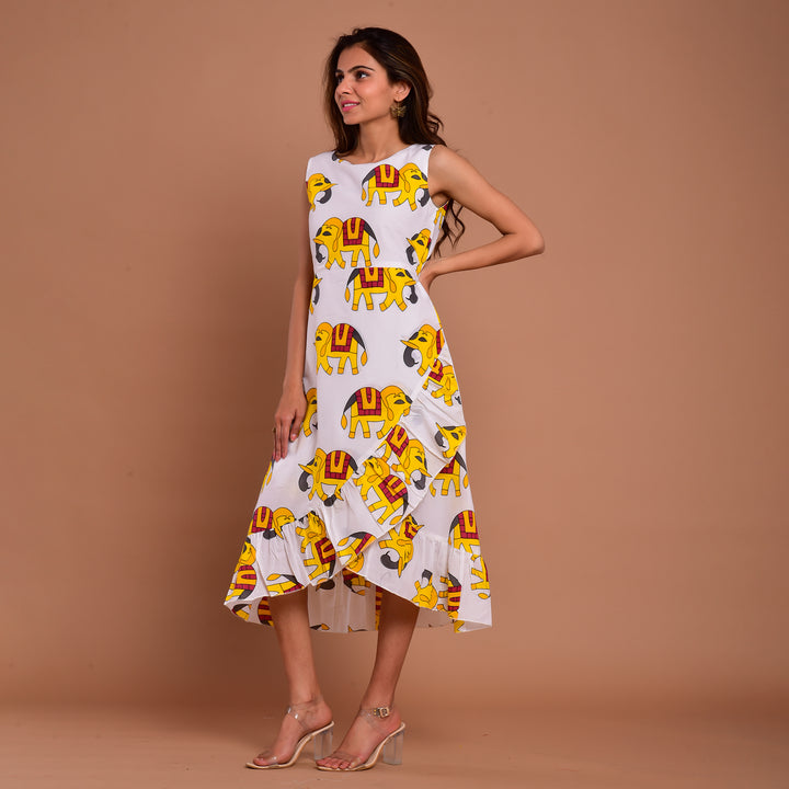 Yellow Elephant Frill Cotton Dress