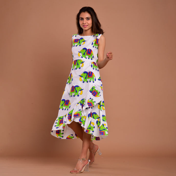 Green Elephant Frill Cotton Dress