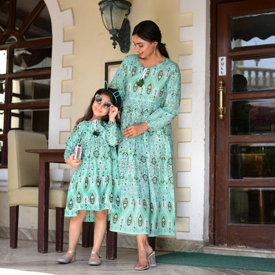 Sea Green Handlook Mom and Daughter Dress