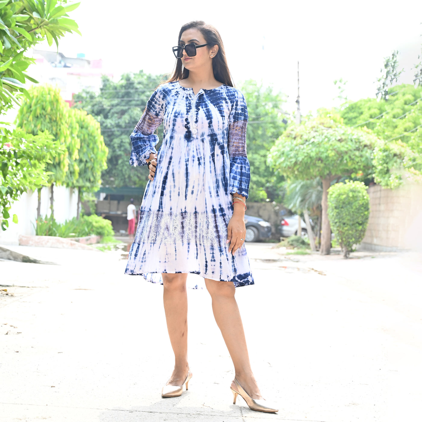 Blue Tie-Dyed Cotton Midi Dress