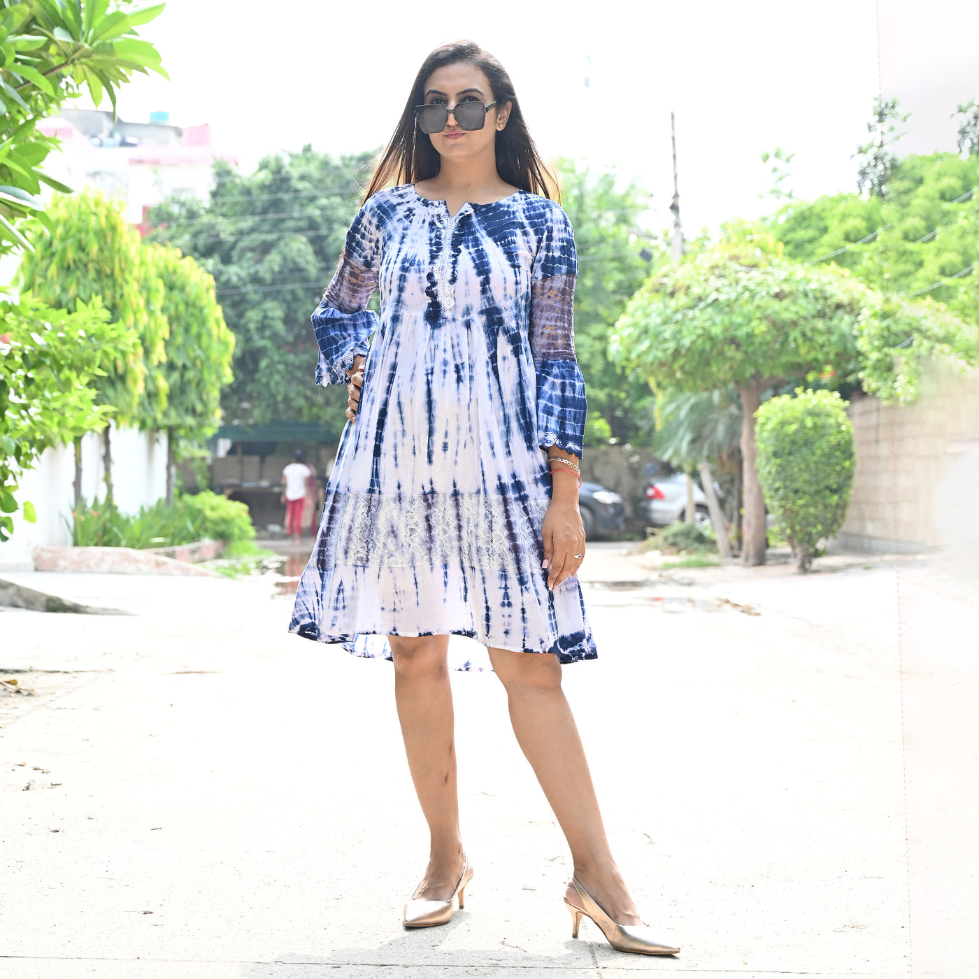 Blue Tie-Dyed Cotton Midi Dress