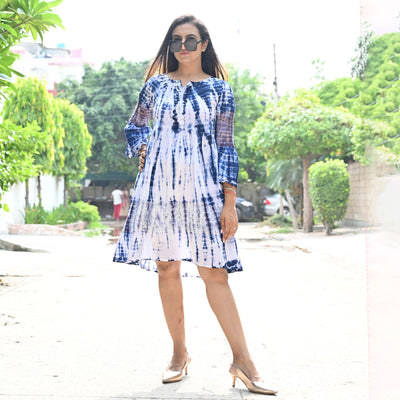 Blue Tie-Dyed Cotton Midi Dress