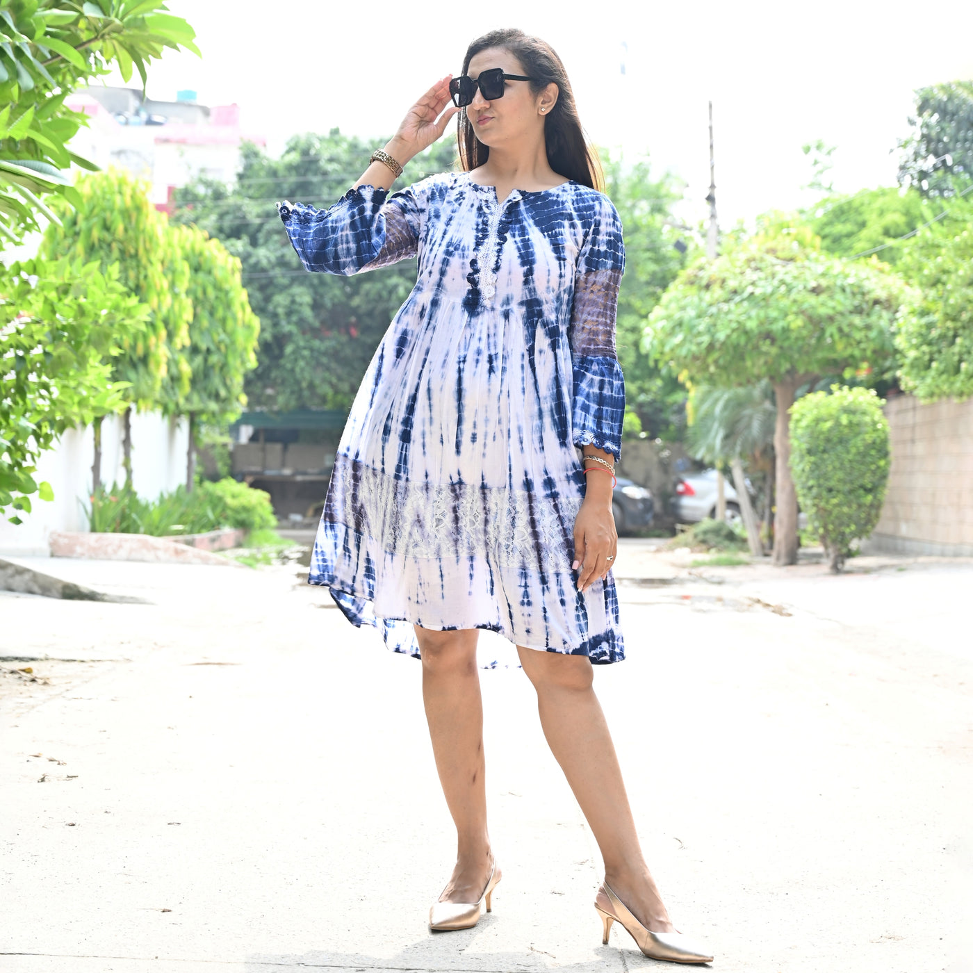 Blue Tie-Dyed Cotton Midi Dress