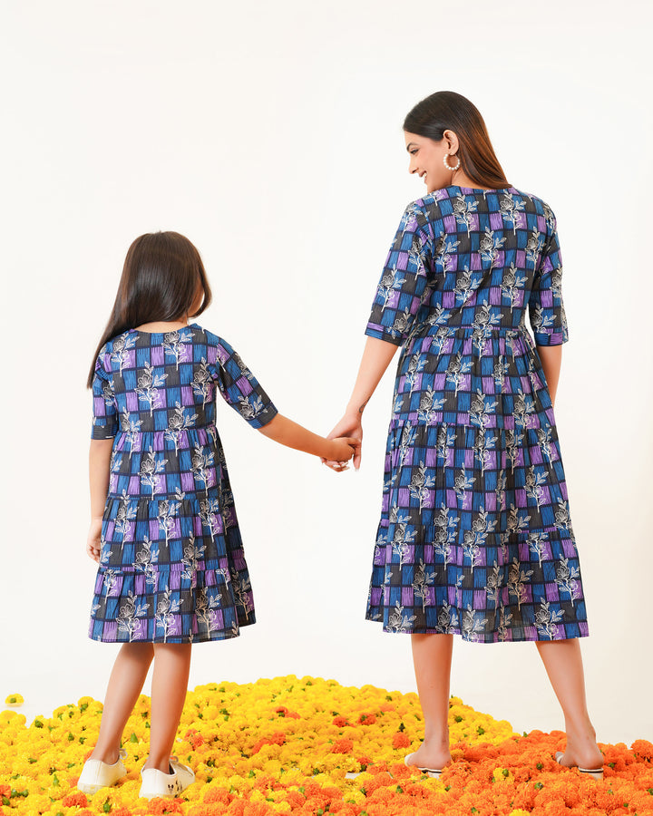 Fashiana Blue  ColorLane Mom and Daughter Cotton Dress