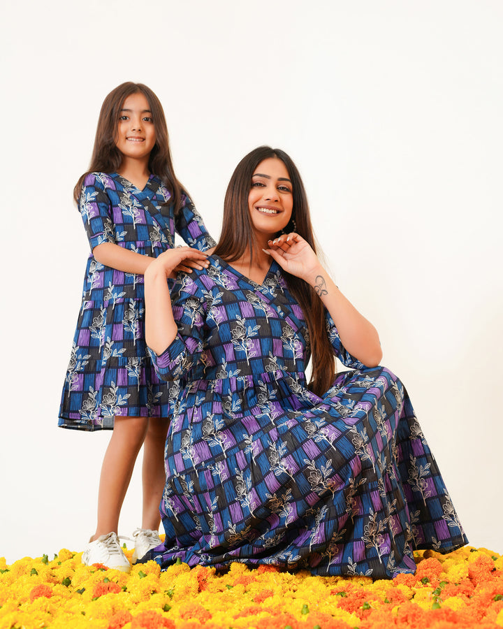 Fashiana Blue  ColorLane Mom and Daughter Cotton Dress