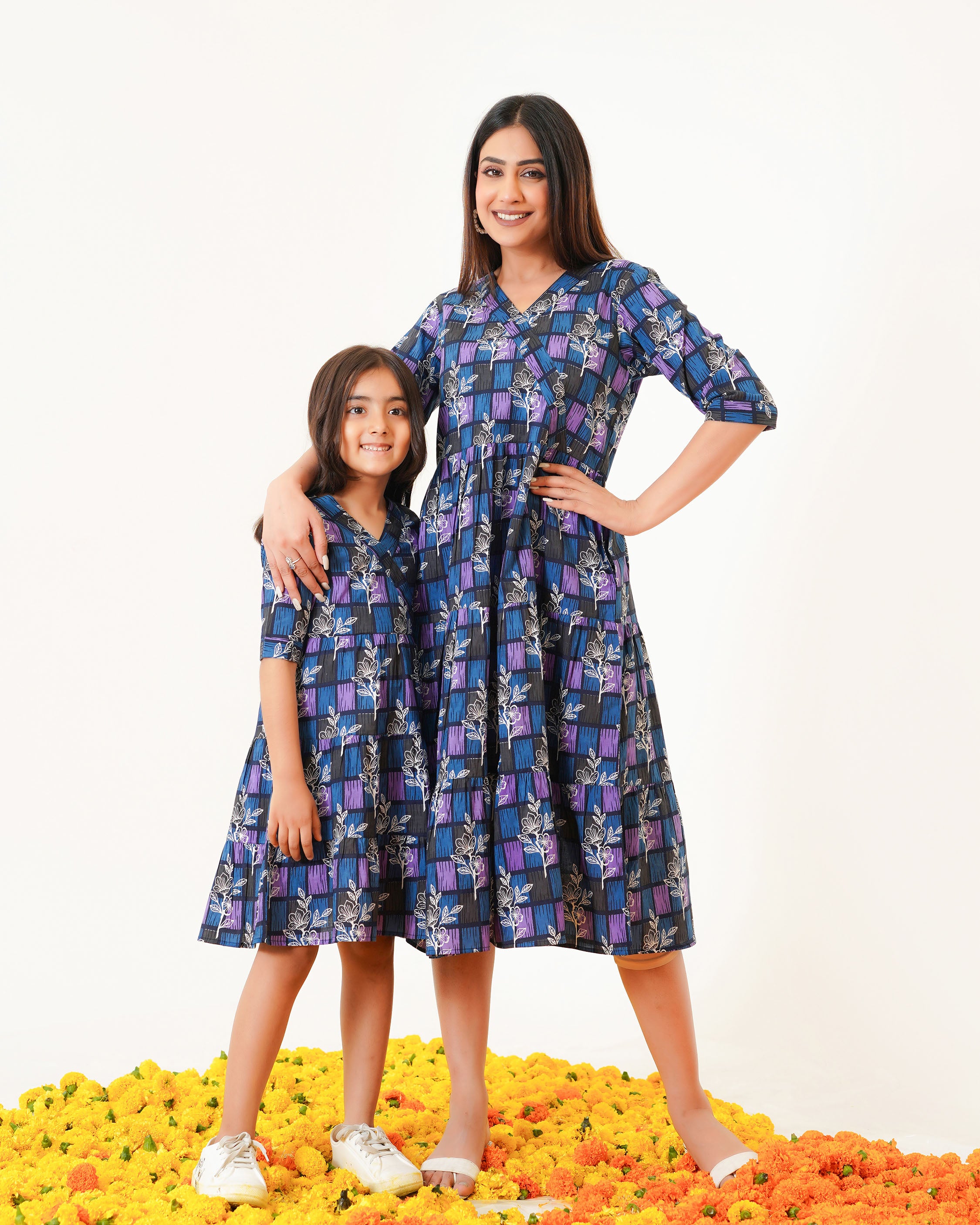 Colorlane 'Blue ColorLane' Mom and Daughter Tiered Cotton Dresses – Fashiana