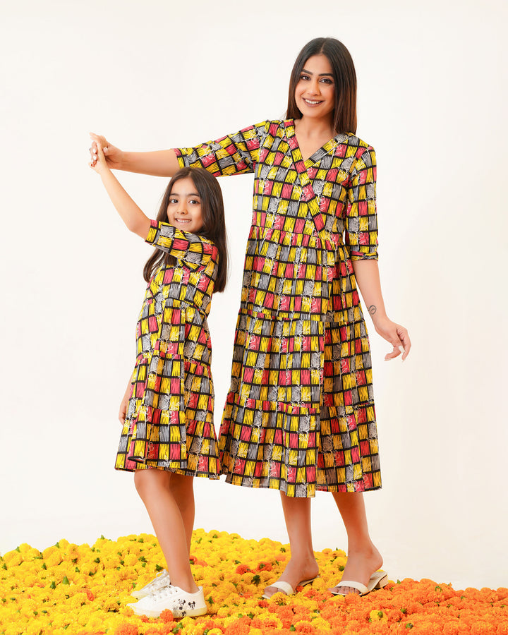 Fashiana Yellow ColorLane Mom and Daughter Cotton Dress