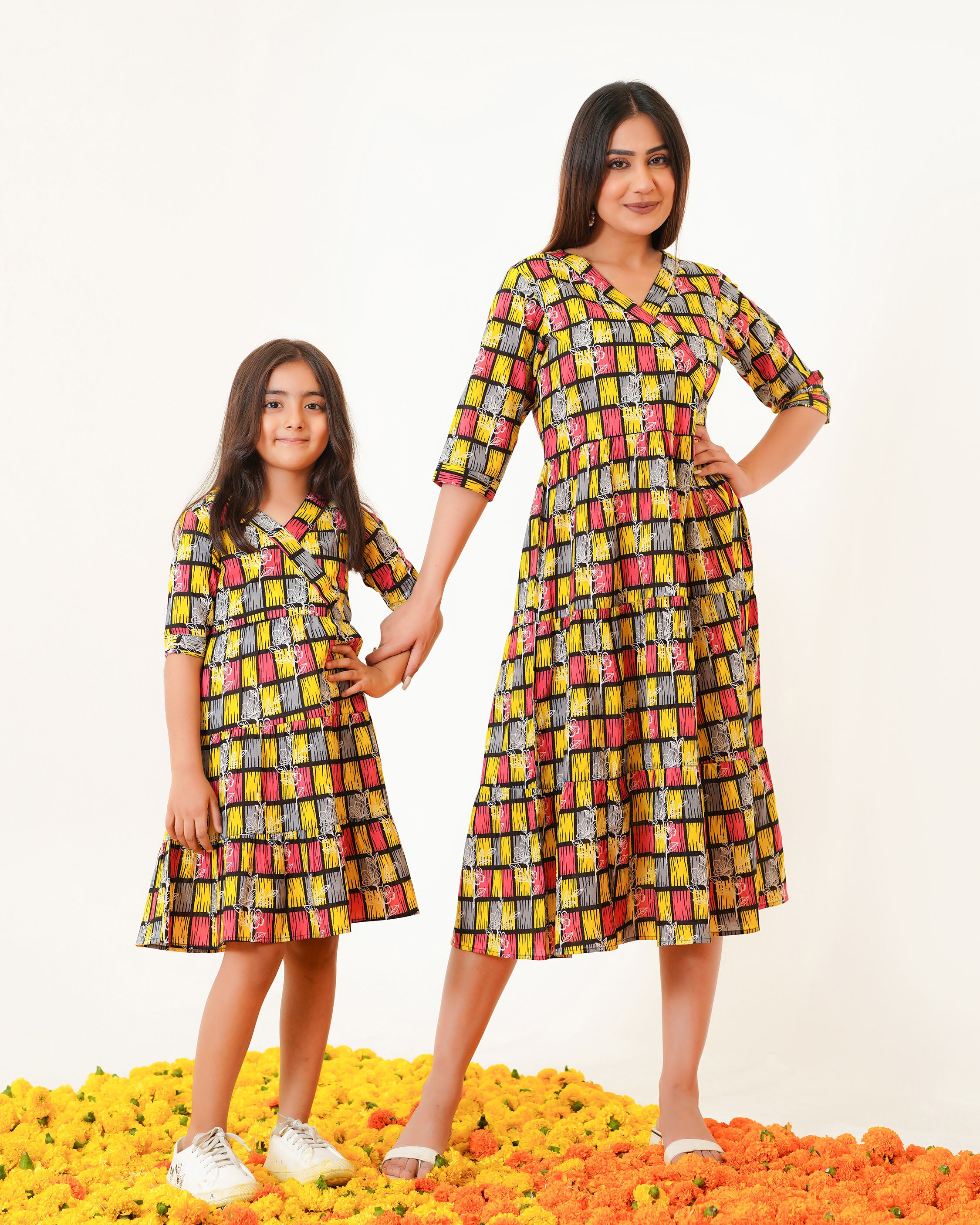 Colorlane 'Yellow ColorLane' Mom and Daughter Tiered Cotton Dresses – Fashiana