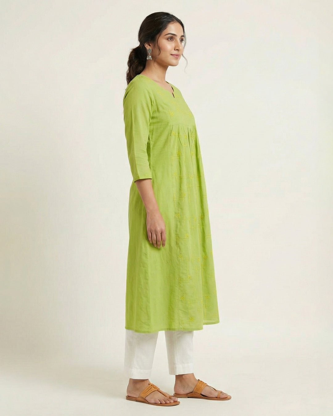 Green Embroidered Pure Cotton Kurta