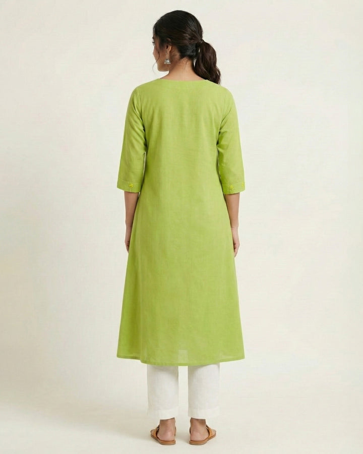 Green Embroidered Pure Cotton Kurta