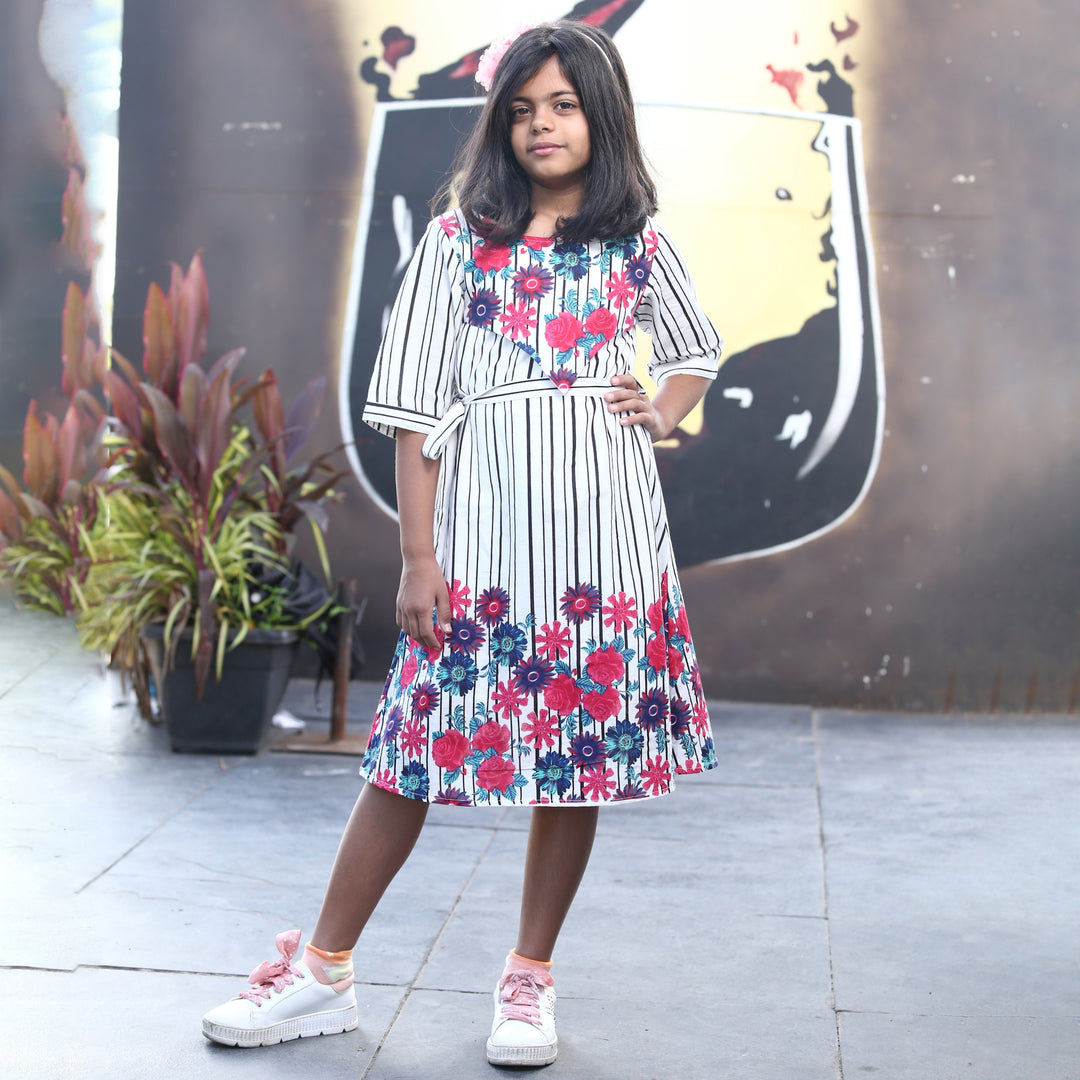 White Multi Flower Girl's Cotton Dress