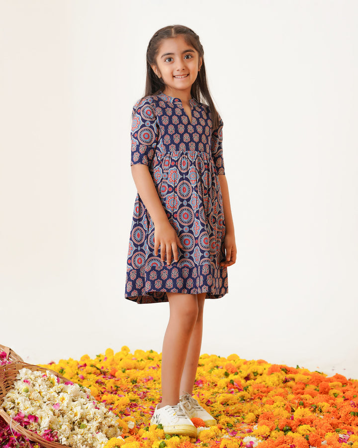 'Bits of Blue Ajrakh' Girl's Cotton Dress