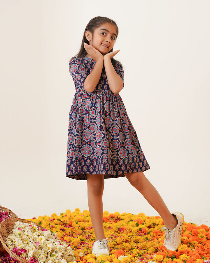 'Bits of Blue Ajrakh' Girl's Cotton Dress