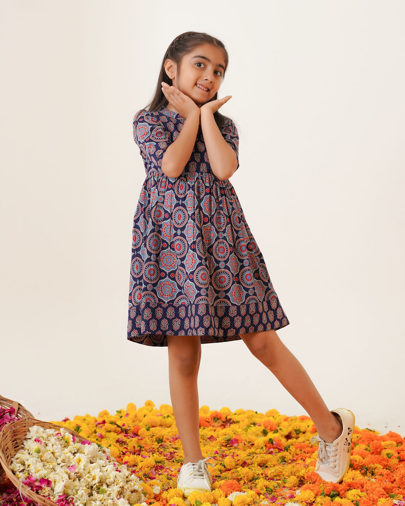 'Bits of Blue Ajrakh' Mom and Daughter Cotton Dresses